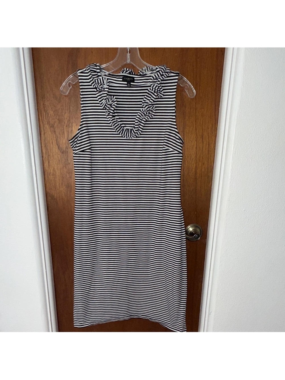 Talbots Black & White Striped Ruffle-Neck Midi Dress